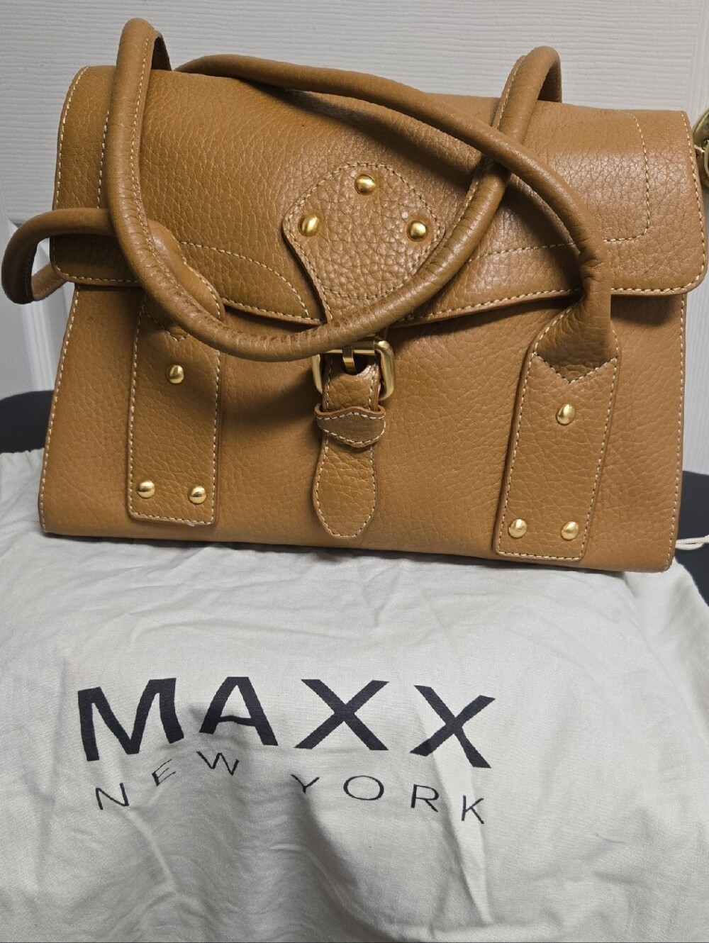 Maxx New York Tan Pebbled Leather Satchel with Gold Accents
